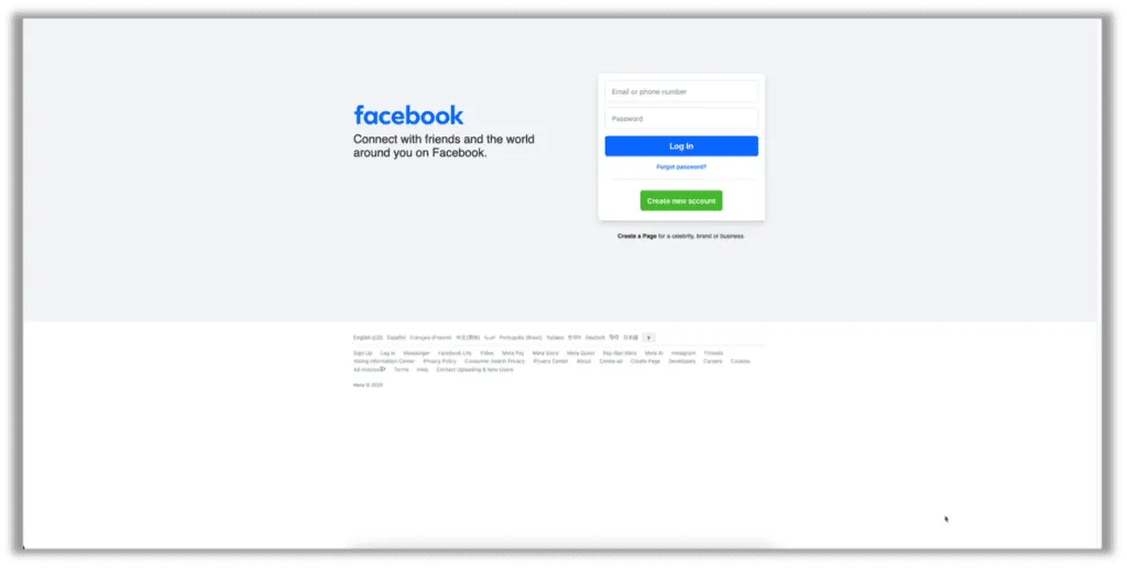 Screenshot of the actual Facebook login page