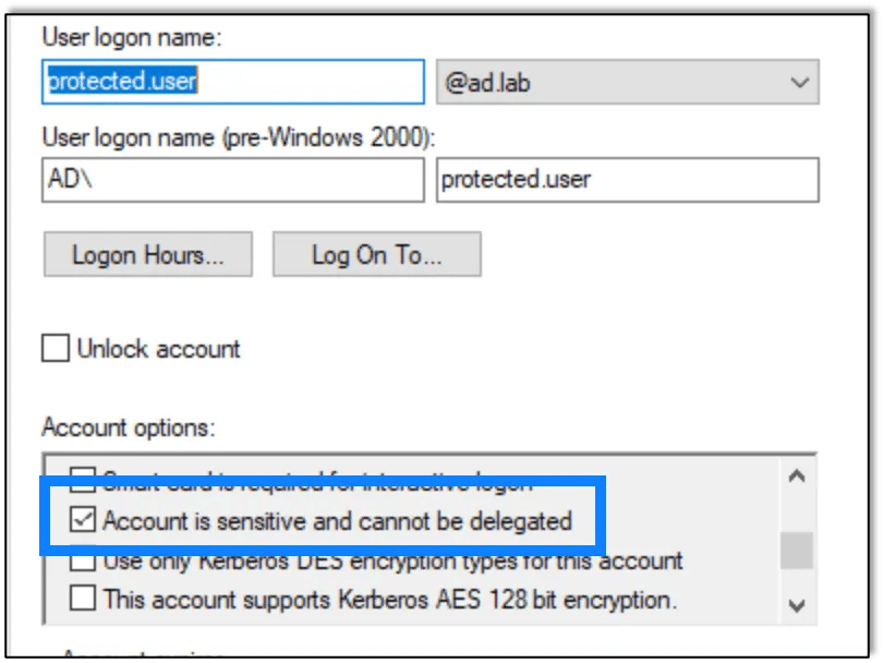 Checking the "Account is sensitive and cannot be delegated" box in protected.user's settings
