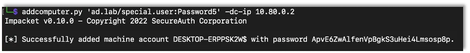 Using impacket’s addcomputer script to create a new machine account