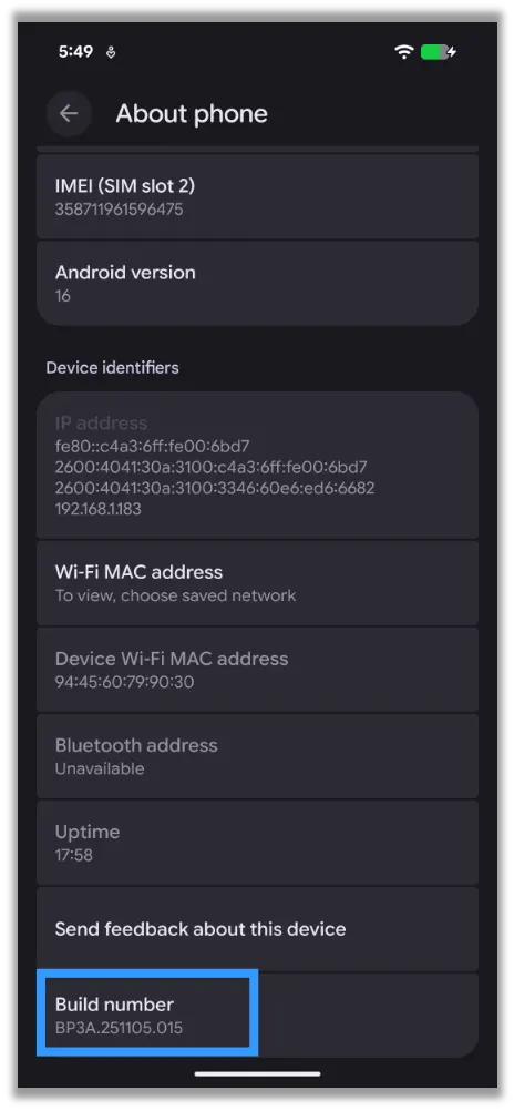 Build Number in Settings > About phone