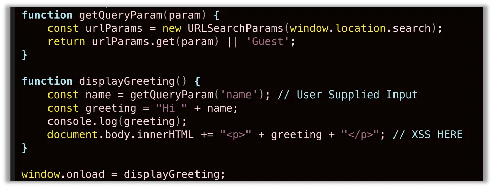 A vulnerable web application which trusts user input in the name parameter of the URL, does not sanitize it, and directly appends the input to the body.