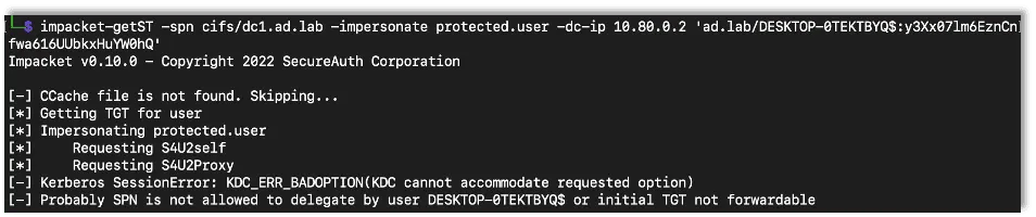 Using getST.py in an attempt to get the ticket after we've added protections, and now it no longer works