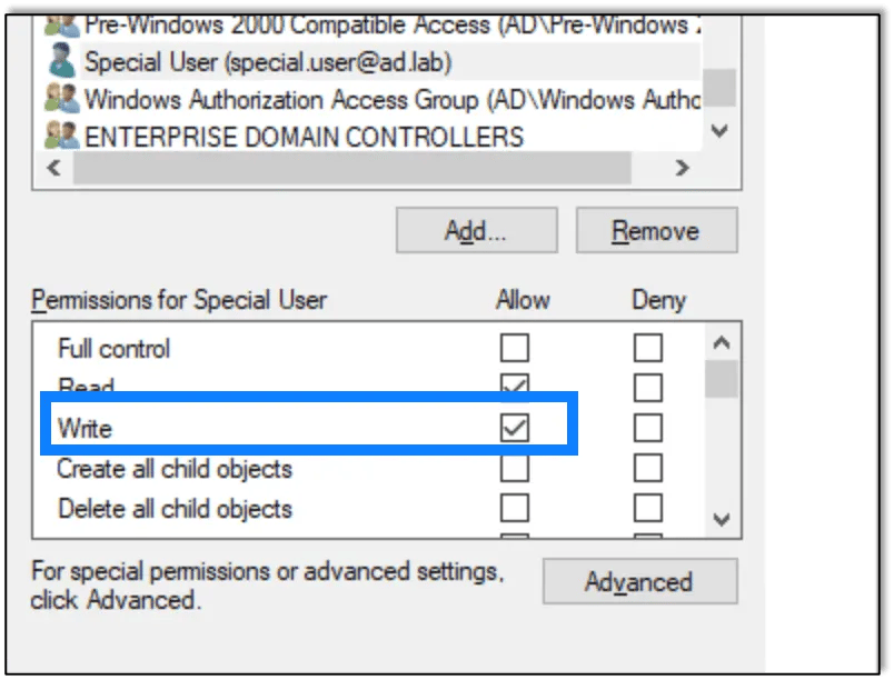 Adding the write privilege in order to modify the msDS-AllowedToActOnBehalfOfOtherIdentitity attribute