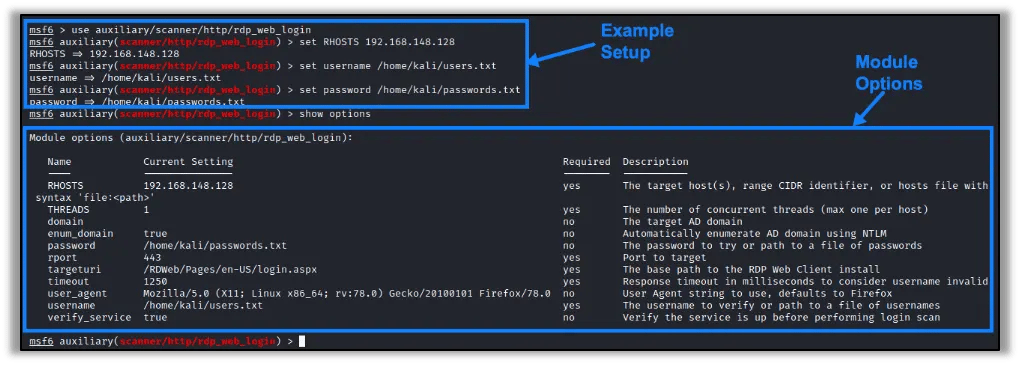 Module Configurations for rdp_web_login Auxiliary Module