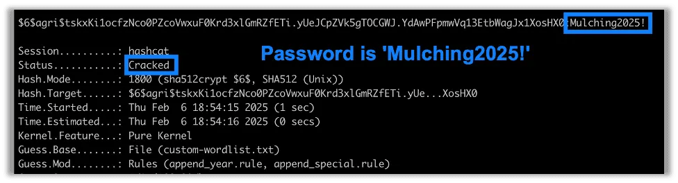 Hashcat results showing password cracked