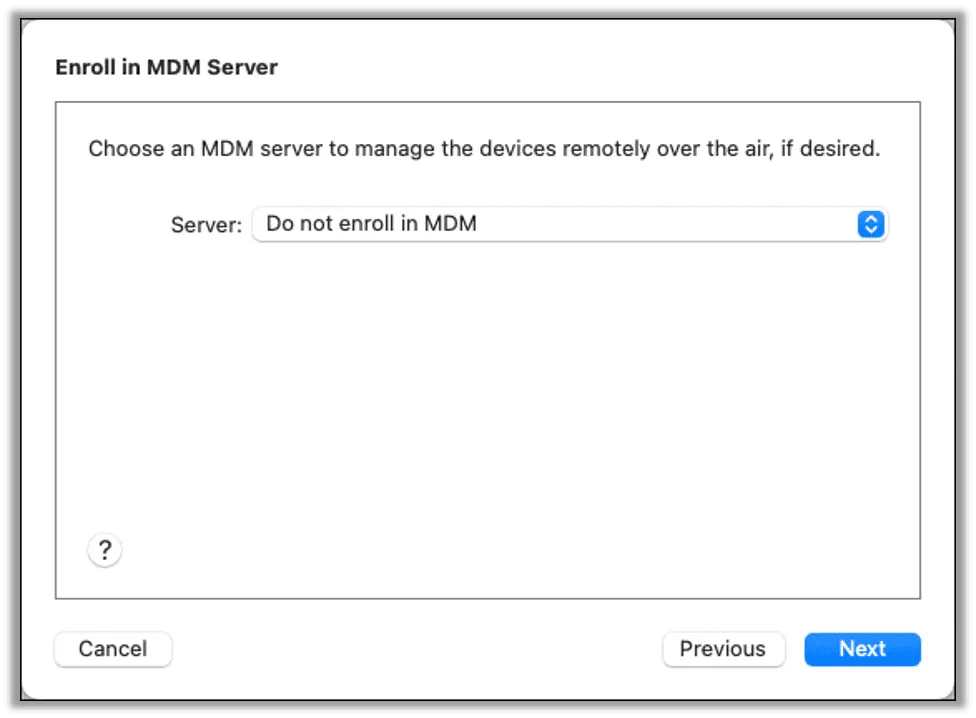 Enroll in MDM server dialog