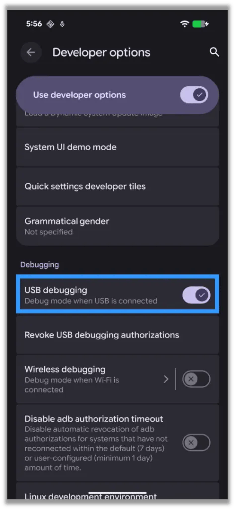 Enabling USB Debugging