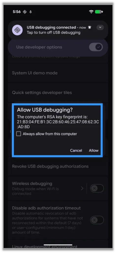 Confirm to Allow USB Debugging