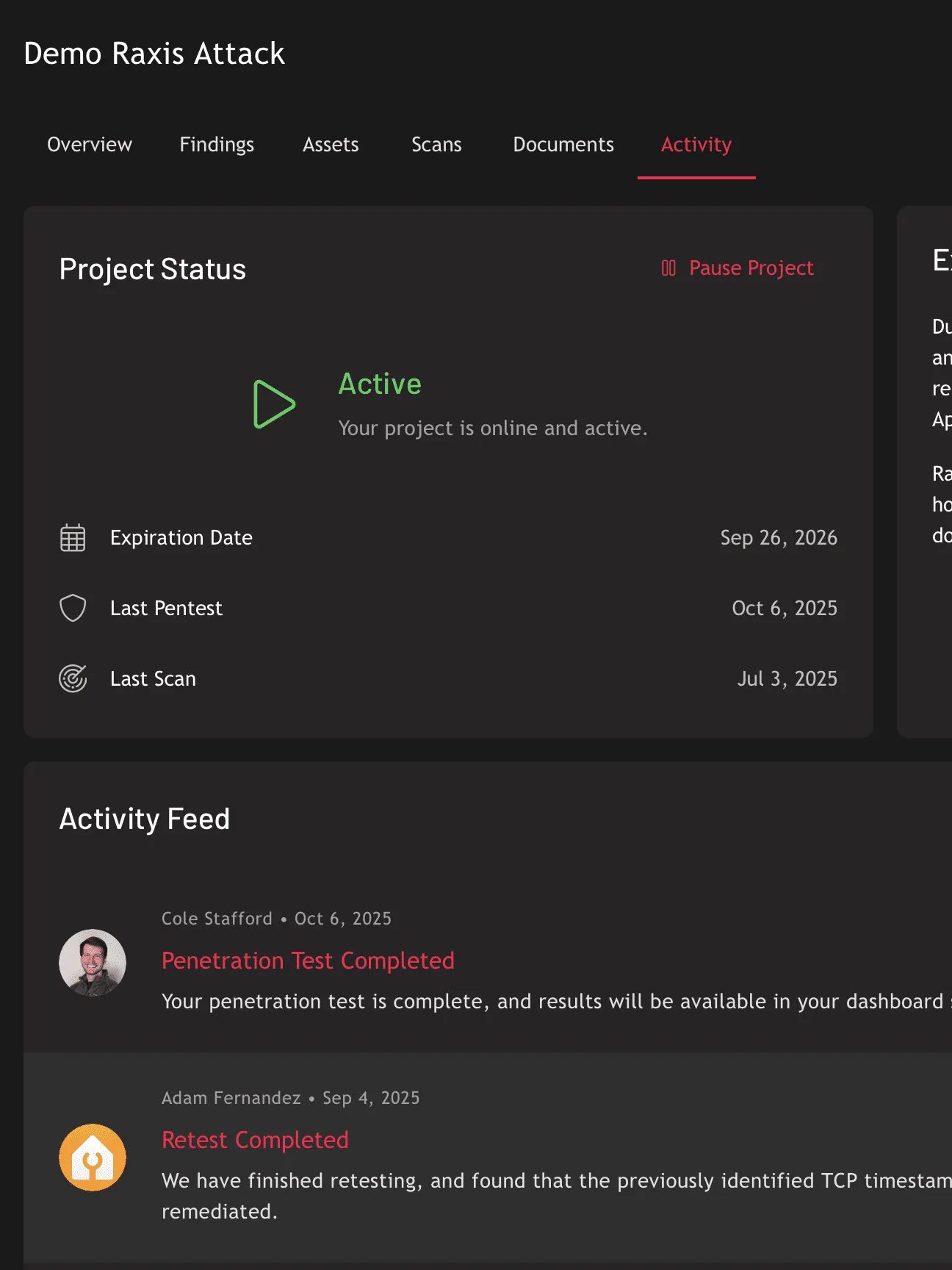 Penetration Testing Services Project status and activity feed overview