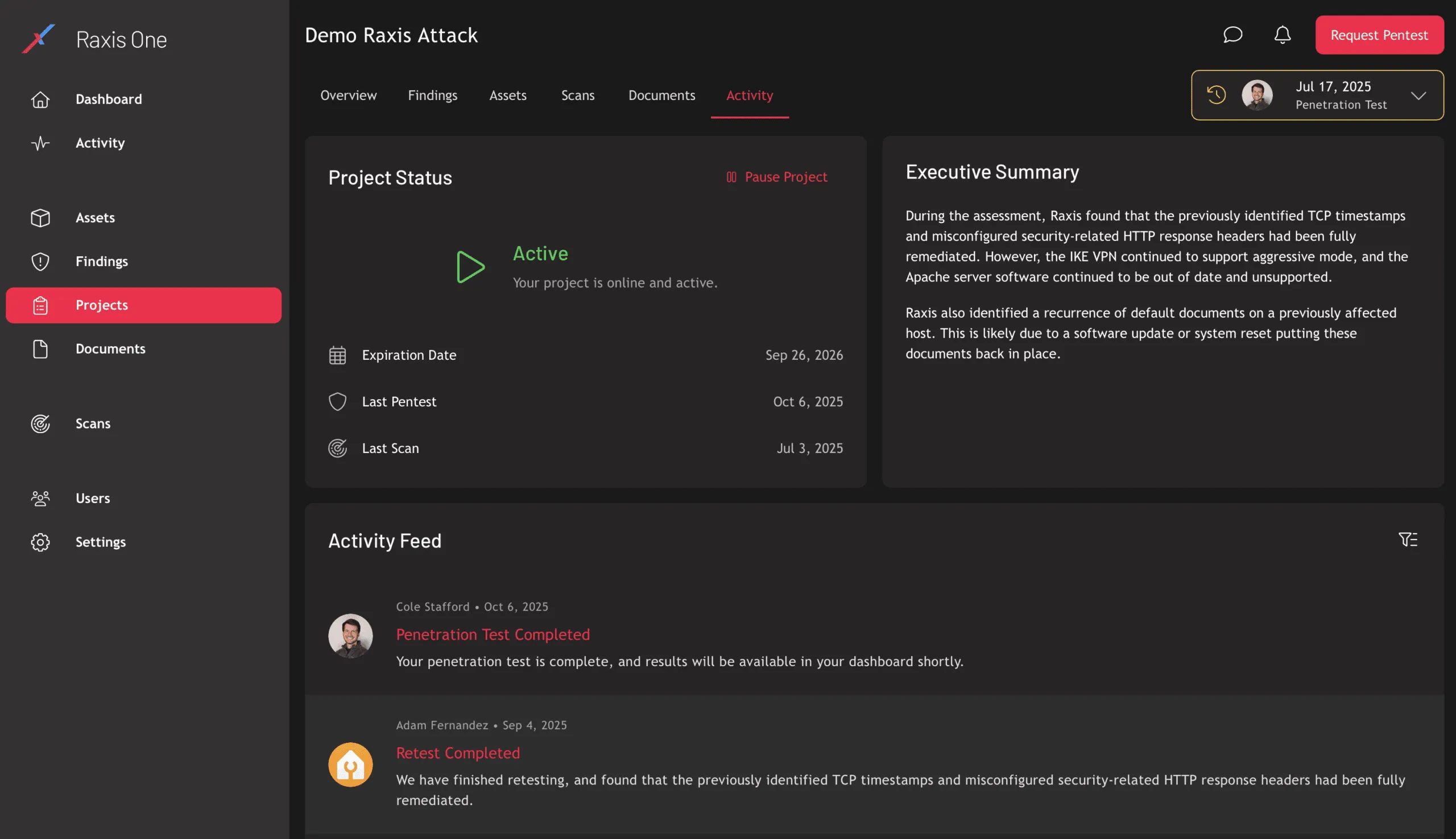 Real penetration testing accessed via the Raxis One console