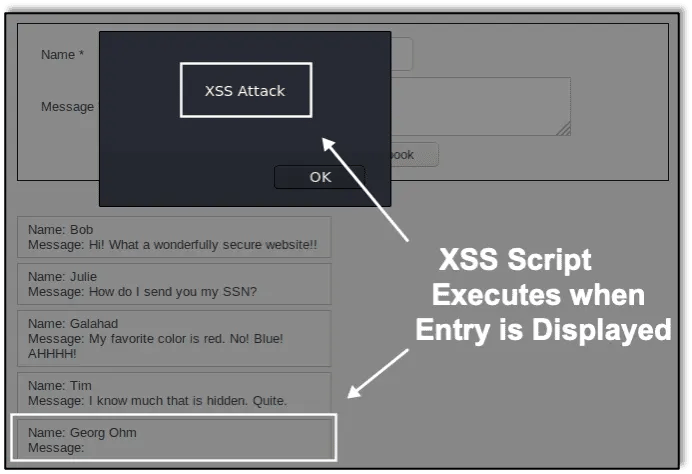 XSS script executes when entry is displayed on the resulting webpage