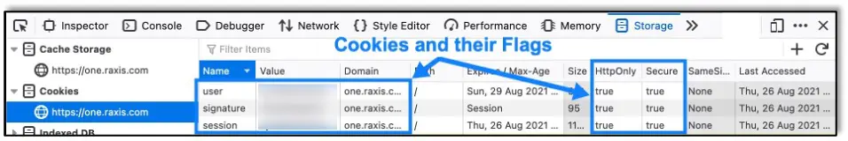 Example of cookies set with Secure and HttpOnly flags