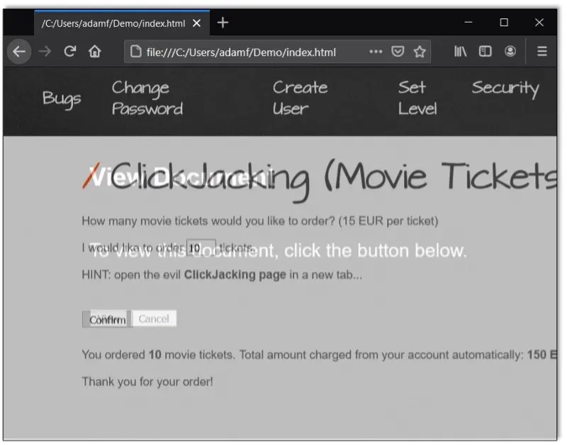 Partially transparent clickjacked page showing that a click on the submit button will confirm a purchase on the embedded site.