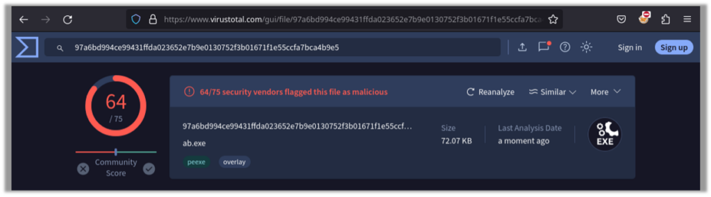 VirusTotal results are 64