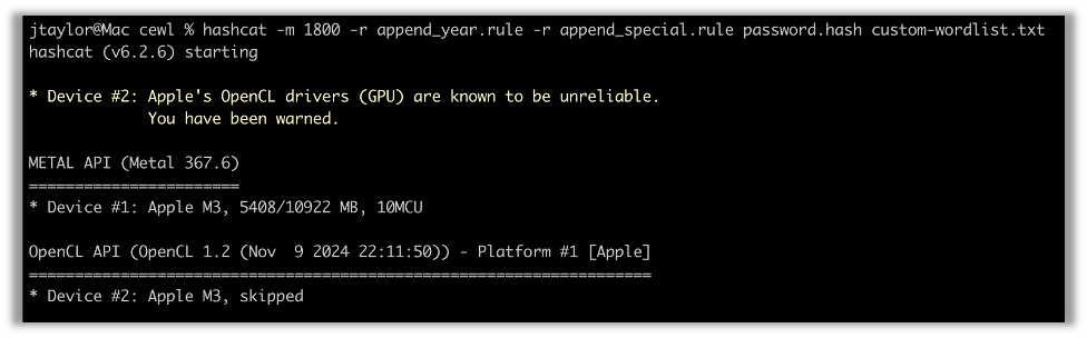 Hashcat command using CeWL wordlist and rules that add years and special characters