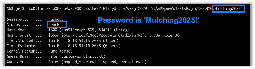 Hashcat results showing password cracked
