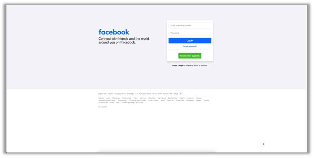 Screenshot of the actual Facebook login page