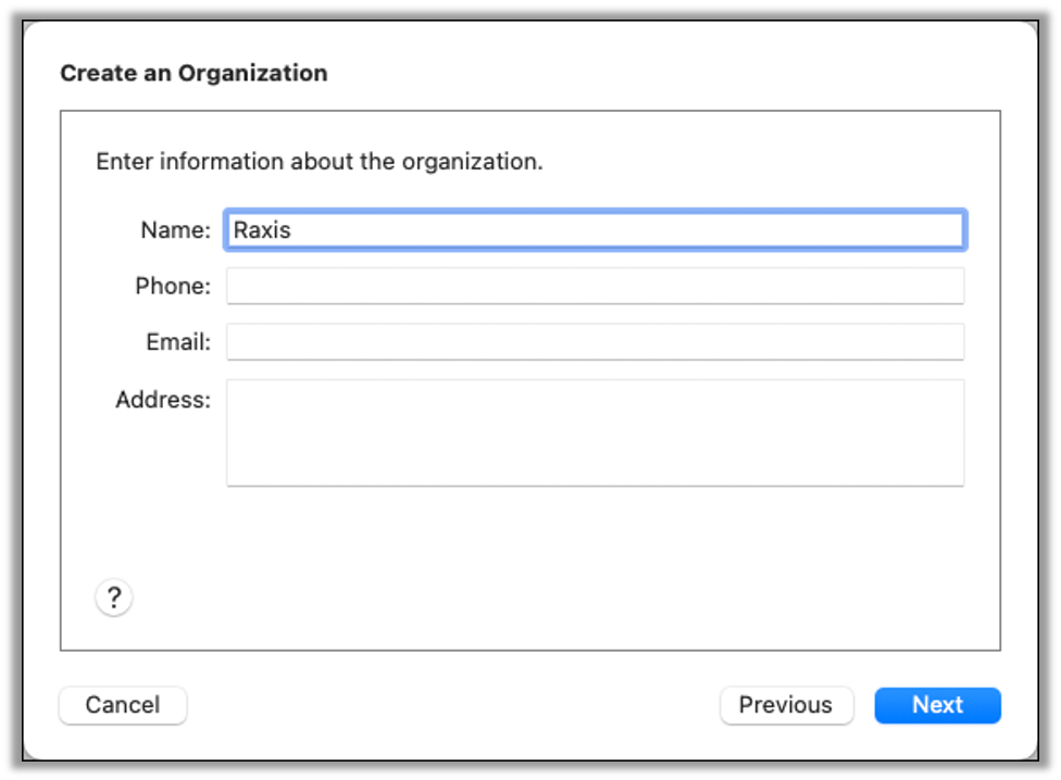 Create an Organization dialog