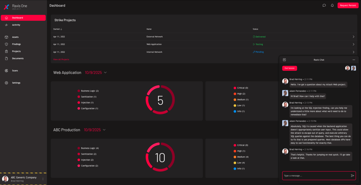 Screenshot of the Raxis One version 3 penetration testing dashboard
