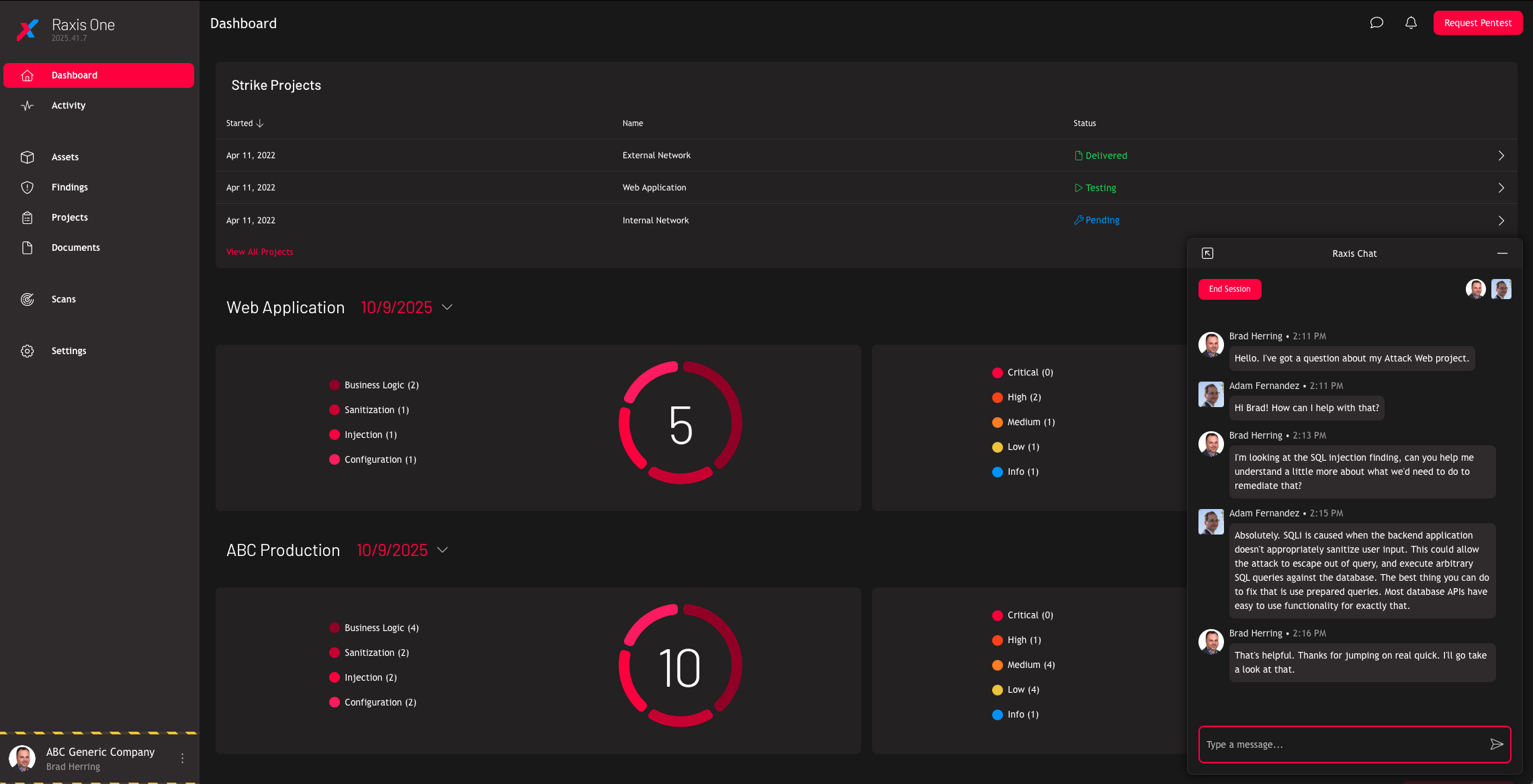 Screenshot of Augmented Penetration Testing and chat with engineer Screenshot of the Raxis One penetration testing dashboard