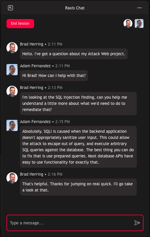 Chatbox view from Raxis One showing a conversation between a Raxis pentesting engineer and a customer