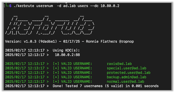 Using the --dc flag in Kerbrute to find domain controllers