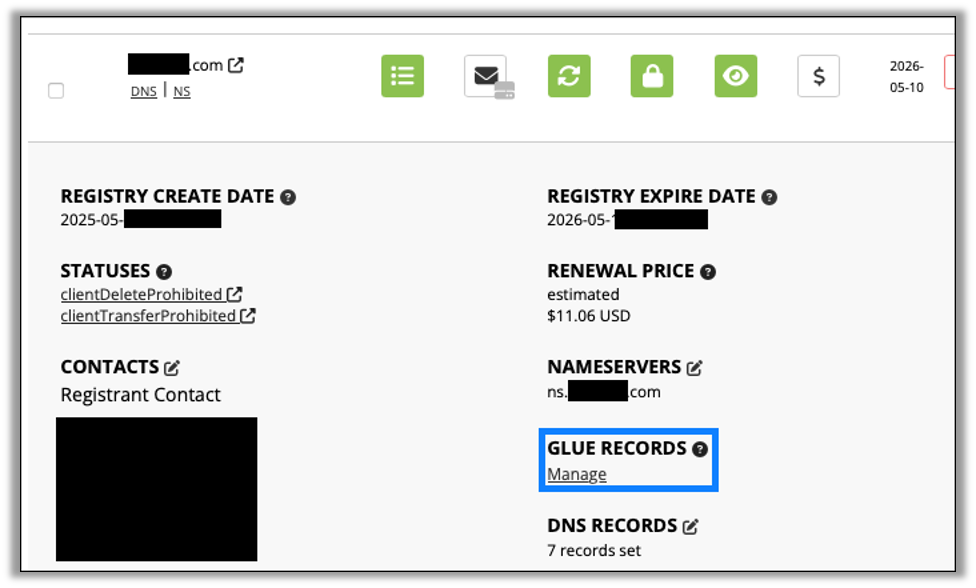 Configure the domain starting with setting the glue record