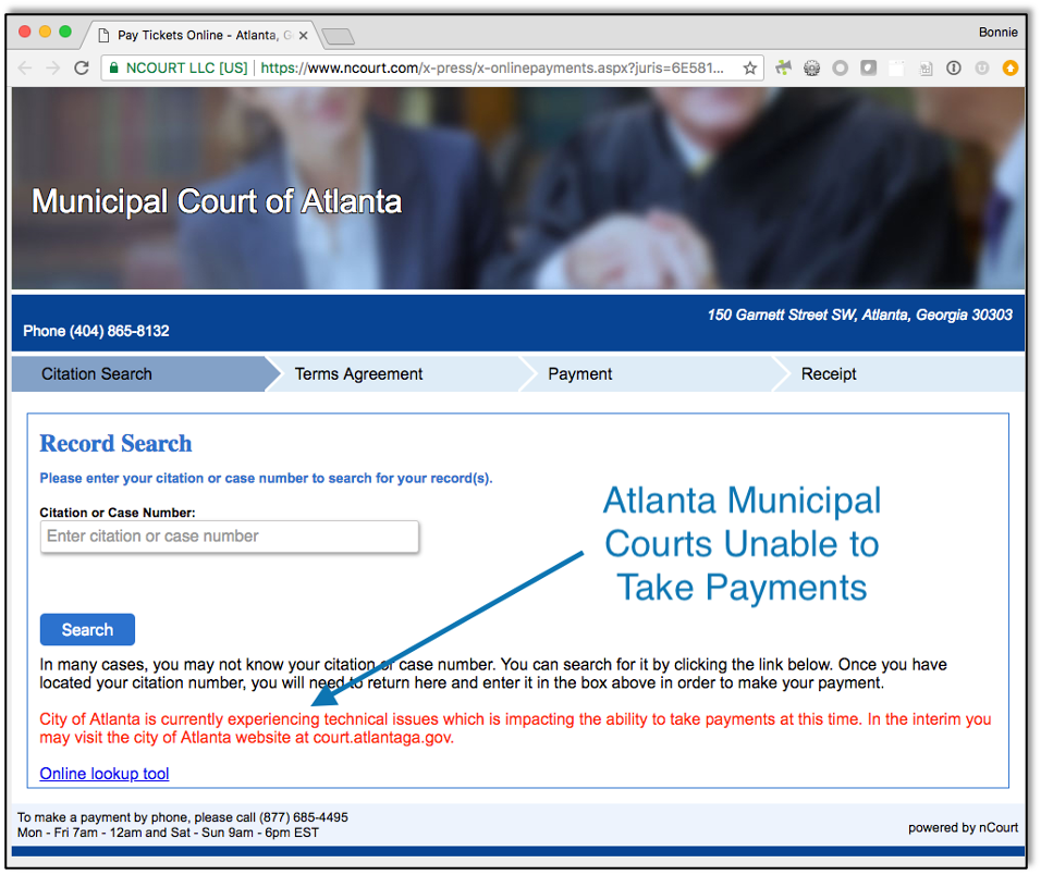 Municipal Court of Atlanta Site Unable to Take Payments