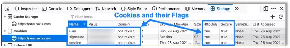 Example of cookies set with Secure and HttpOnly flags