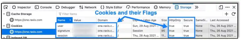 Example of cookies set with Secure and HttpOnly flags