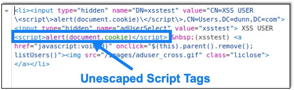 Unescaped JavaScript Tags