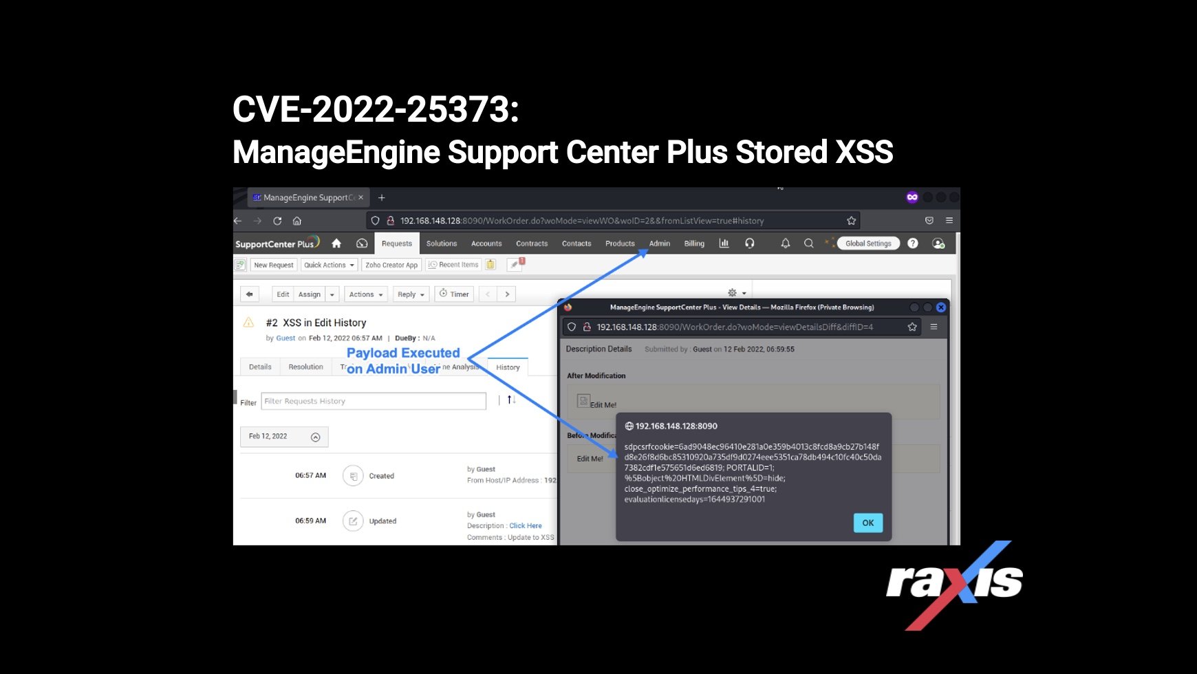 CVE-2022-25373: ManageEngine Support Center Plus Stored Cross-Site Scripting (XSS)