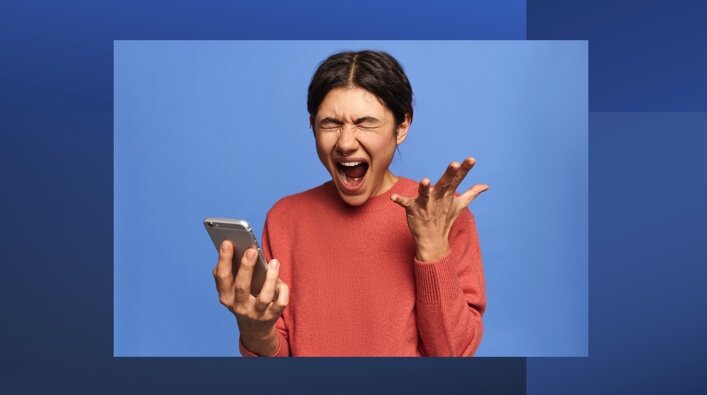 Screaming person with smartphone
