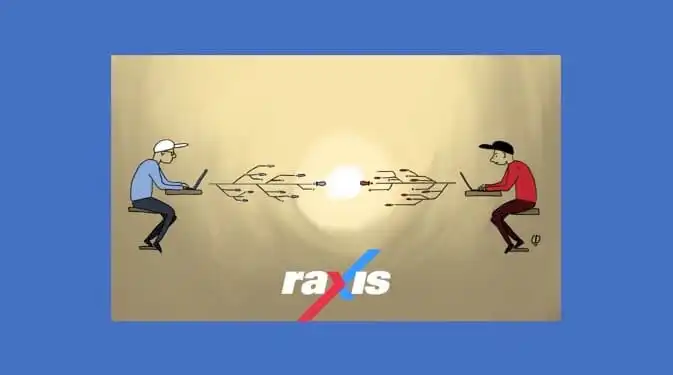 Two people at laptops sending data at each other
