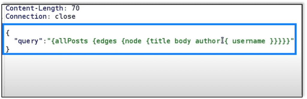 Burp intercept of webpage communication showing the query that is being sent to the server, which indicates that GraphQL is in use