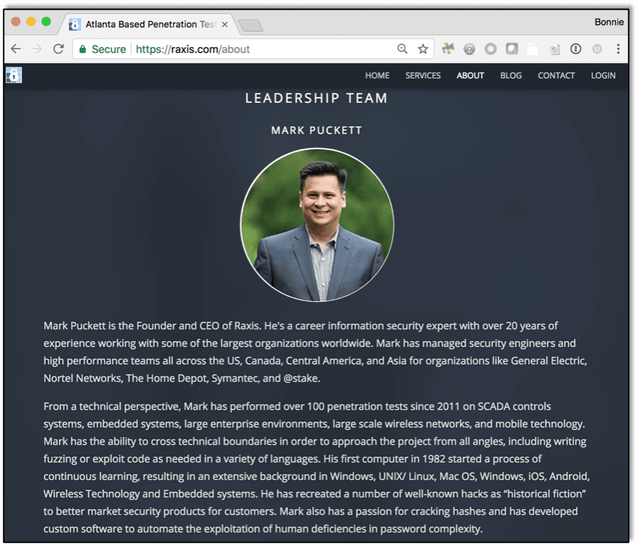Webpage Showing Entire Raxis Leadership Team