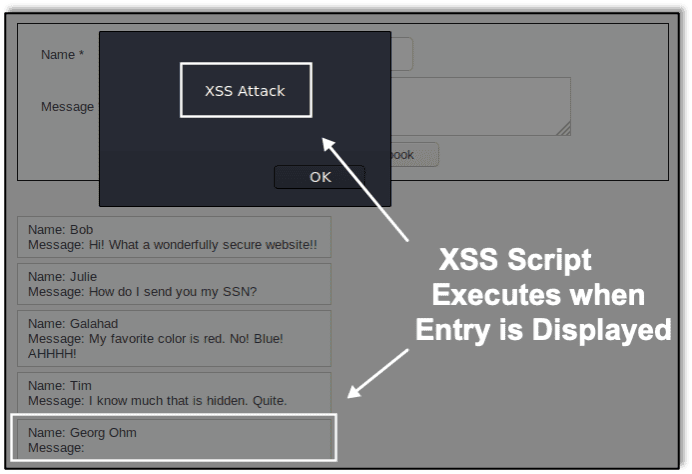 XSS script executes when entry is displayed on the resulting webpage