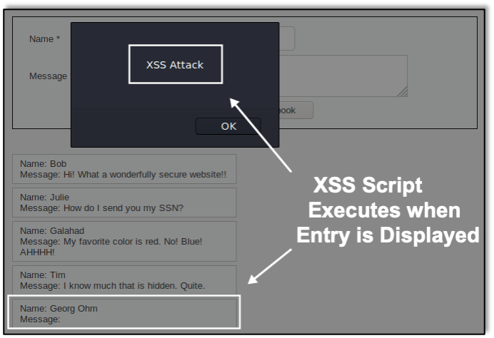 XSS script executes when entry is displayed on the resulting webpage