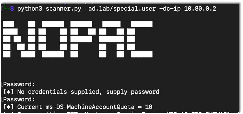 Using NoPAC scanner to discover the MachineAccountQuota
