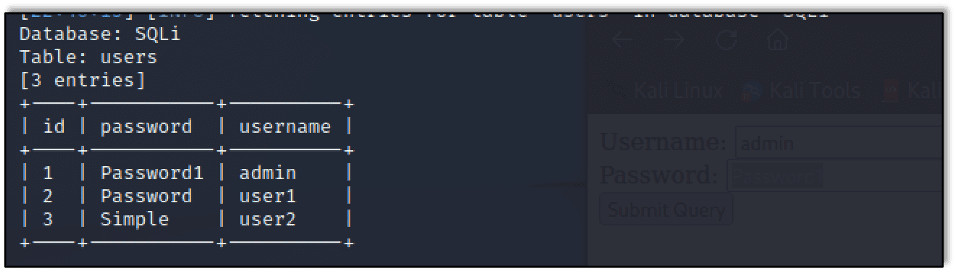 The SQLMap tool performing the same exploit we did manually